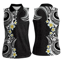 Aloha Polynesian Plumeria Flower Women Sleeveless Polo Shirt Black White Color