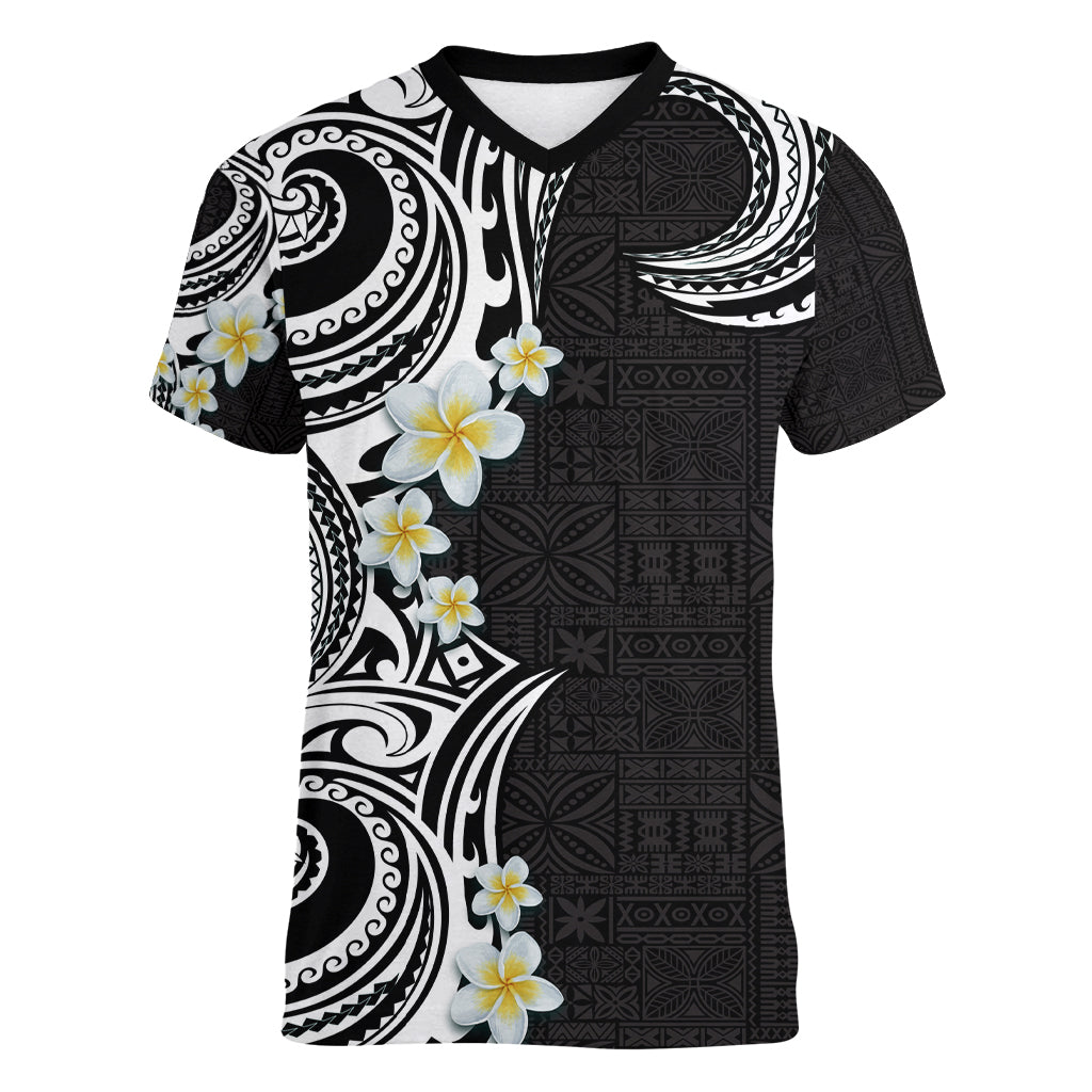 Aloha Polynesian Plumeria Flower Women V-Neck T-Shirt Black White Color