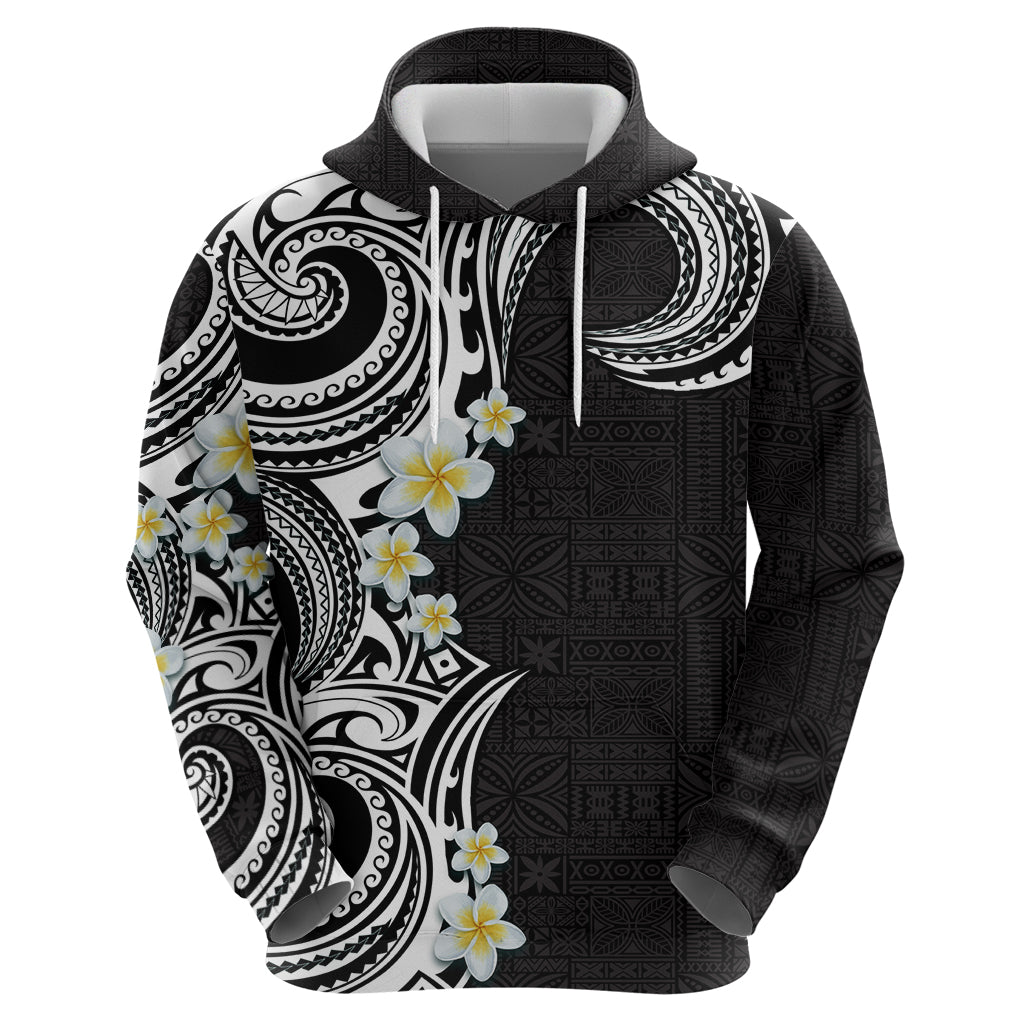 Aloha Polynesian Plumeria Flower Zip Hoodie Black White Color