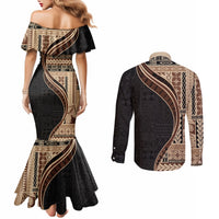 Samoa Siapo Motif and Tapa Pattern Half Style Couples Matching Mermaid Dress and Long Sleeve Button Shirt Beige Color
