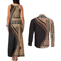 Samoa Siapo Motif and Tapa Pattern Half Style Couples Matching Tank Maxi Dress and Long Sleeve Button Shirt Beige Color