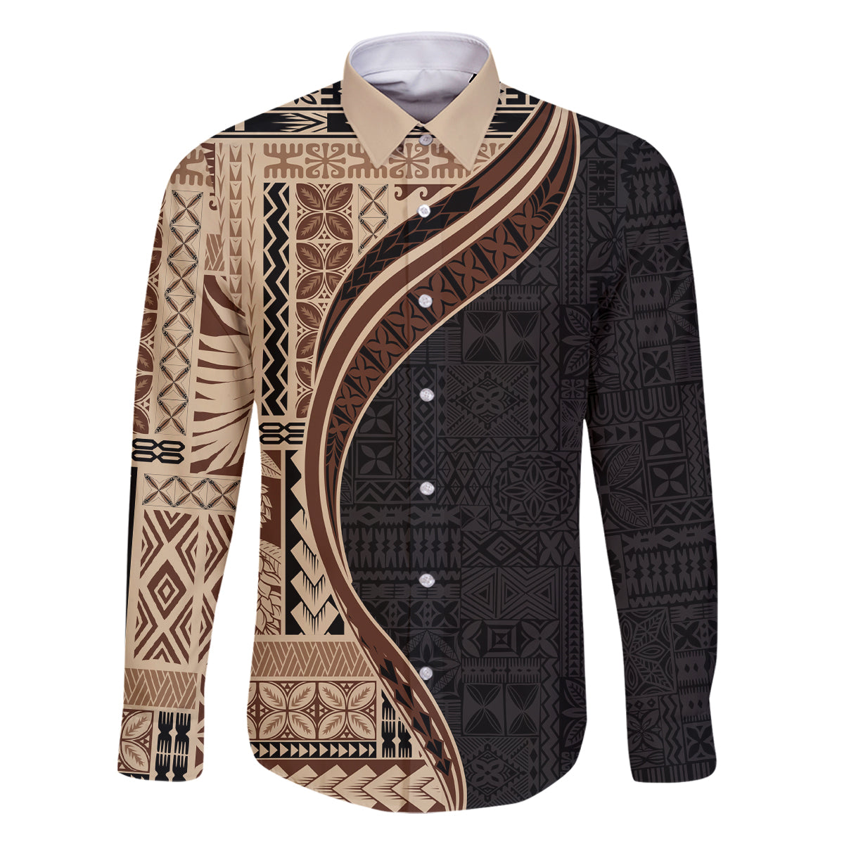 Samoa Siapo Motif and Tapa Pattern Half Style Family Matching Off Shoulder Maxi Dress and Hawaiian Shirt Beige Color