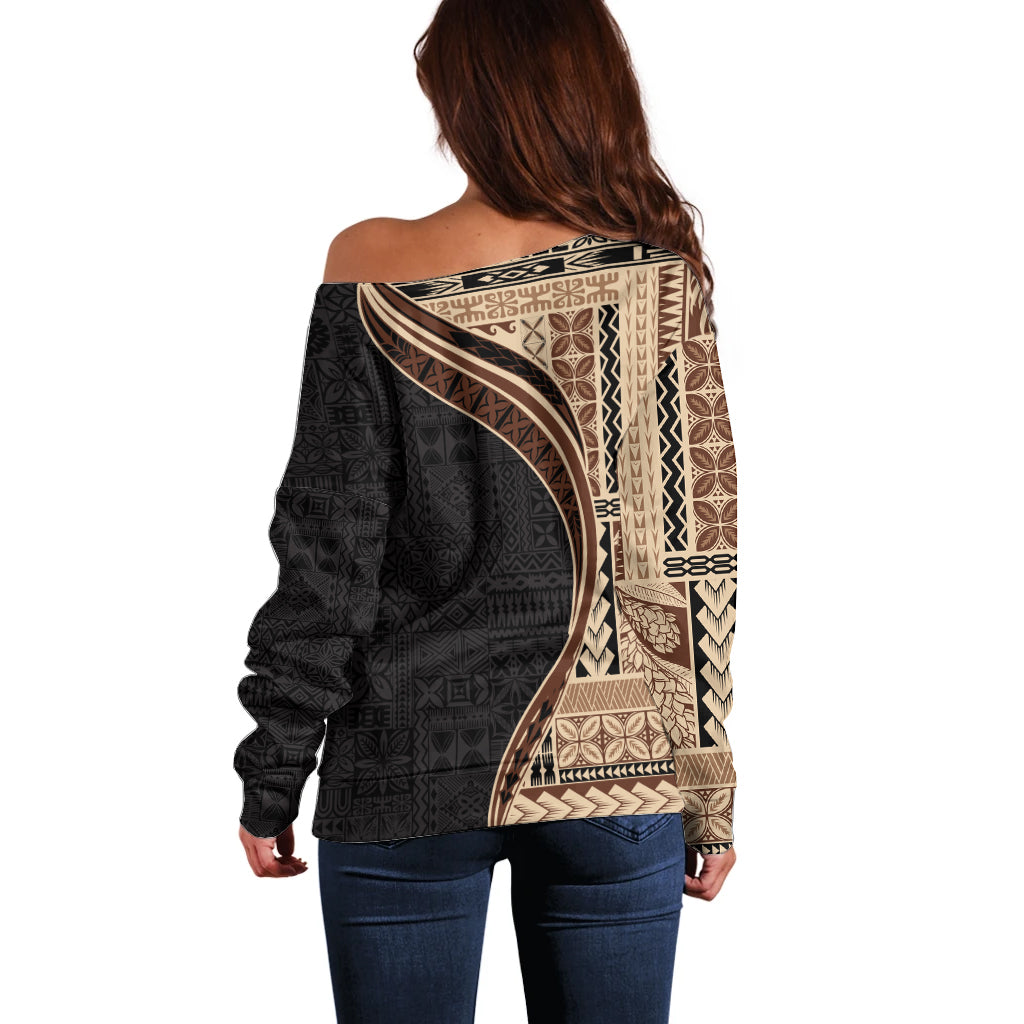 Samoa Siapo Motif and Tapa Pattern Half Style Off Shoulder Sweater Beige Color