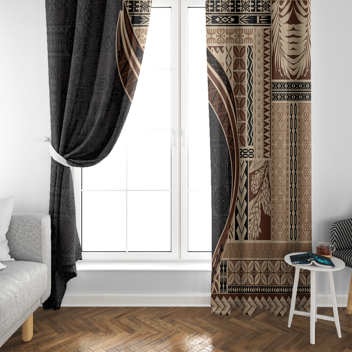 Samoa Siapo Motif and Tapa Pattern Half Style Window Curtain Beige Color