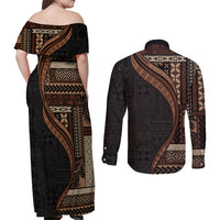 Samoa Siapo Motif and Tapa Pattern Half Style Couples Matching Off Shoulder Maxi Dress and Long Sleeve Button Shirt Black Color
