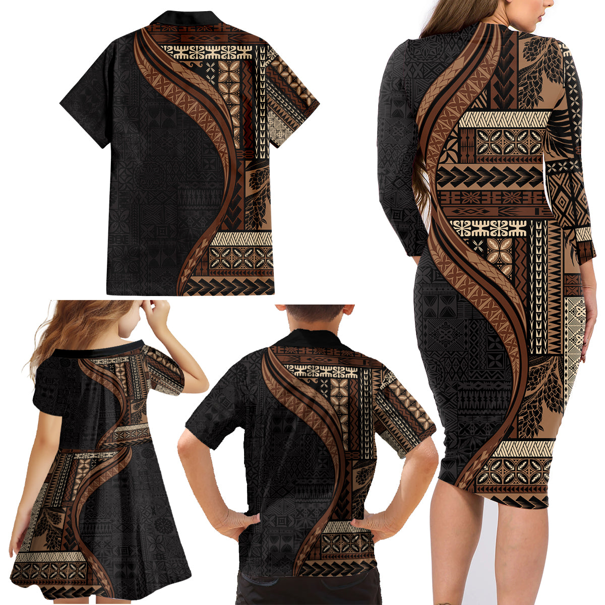 Samoa Siapo Motif and Tapa Pattern Half Style Family Matching Long Sleeve Bodycon Dress and Hawaiian Shirt Black Color
