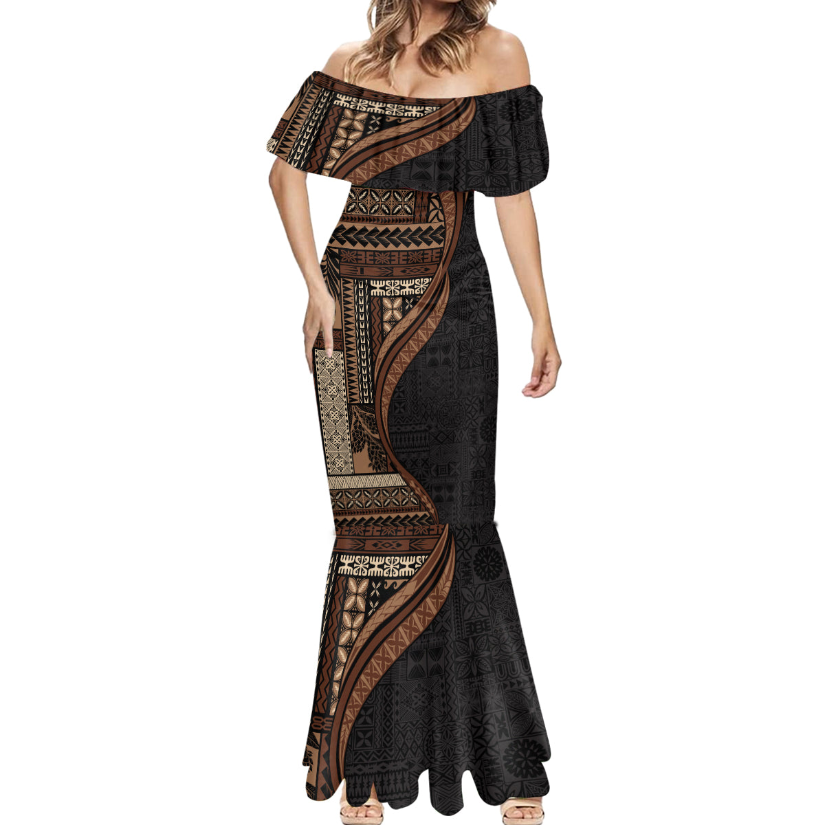 Samoa Siapo Motif and Tapa Pattern Half Style Mermaid Dress Black Color