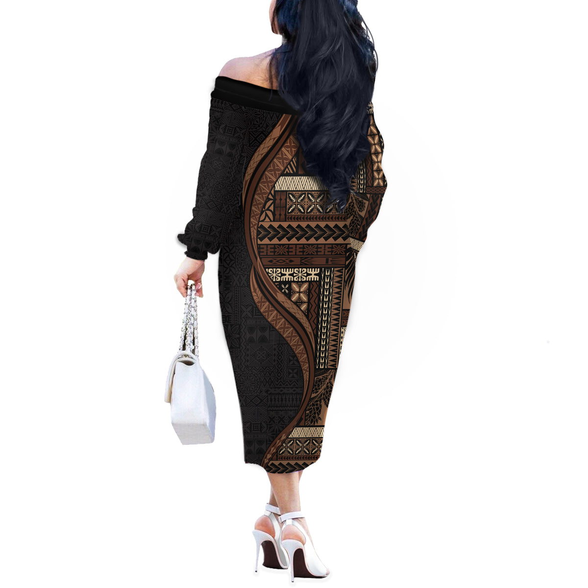Samoa Siapo Motif and Tapa Pattern Half Style Off The Shoulder Long Sleeve Dress Black Color