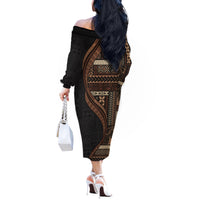 Samoa Siapo Motif and Tapa Pattern Half Style Off The Shoulder Long Sleeve Dress Black Color