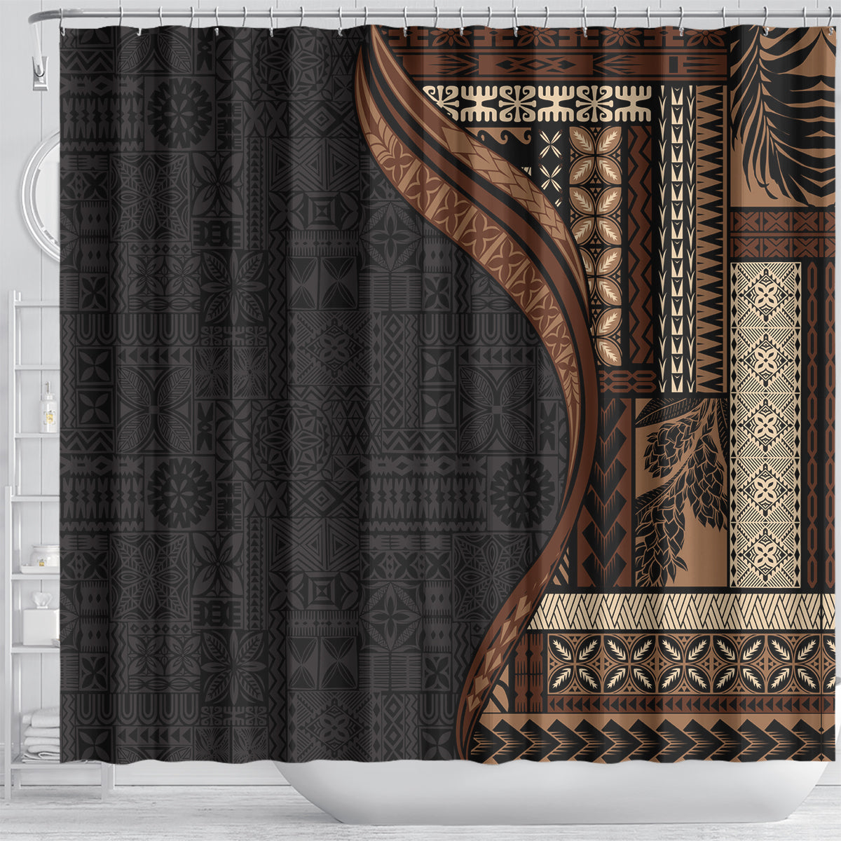 Samoa Siapo Motif and Tapa Pattern Half Style Shower Curtain Black Color