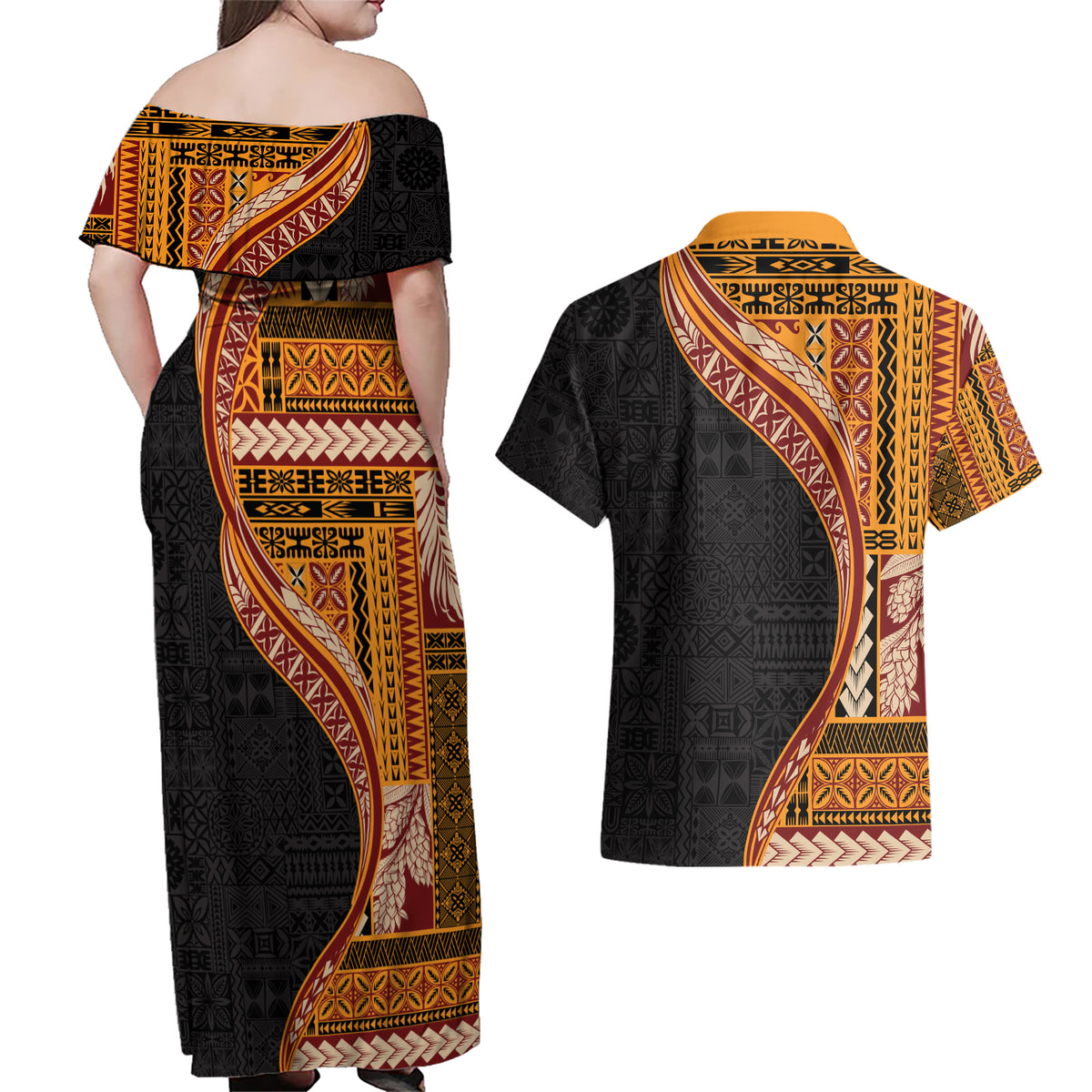 Samoa Siapo Motif and Tapa Pattern Half Style Couples Matching Off Shoulder Maxi Dress and Hawaiian Shirt Yellow Color