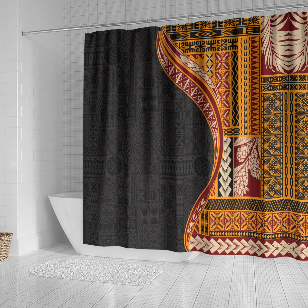 Samoa Siapo Motif and Tapa Pattern Half Style Shower Curtain Yellow Color