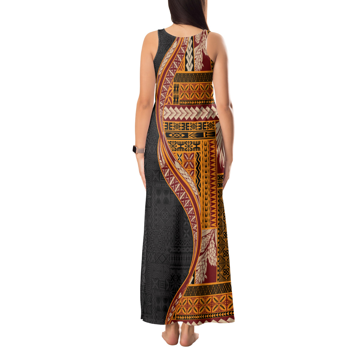 Samoa Siapo Motif and Tapa Pattern Half Style Tank Maxi Dress Yellow Color