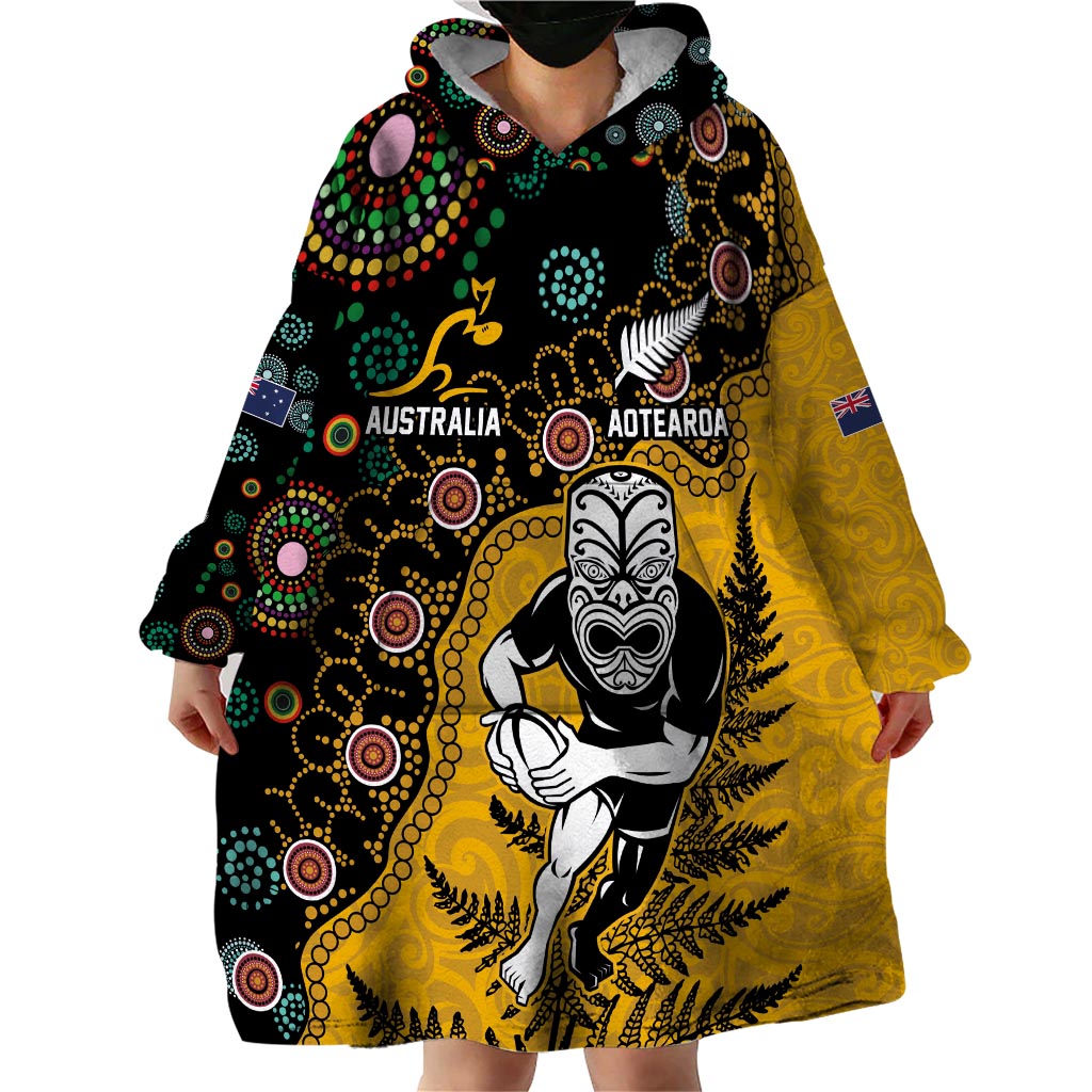 Custom New Zealand and Australia Rugby Wearable Blanket Hoodie Maori Warrior With Aboriginal Version
