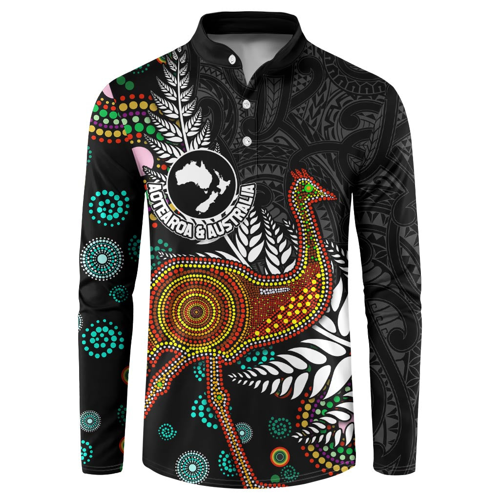 New Zealand Fern and Australia Emu Button Sweatshirt Aboriginal Mix Maori Pattern LT03 Blue - Polynesian Pride