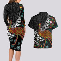 New Zealand Fern and Australia Emu Couples Matching Long Sleeve Bodycon Dress and Hawaiian Shirt Aboriginal Mix Maori Pattern
