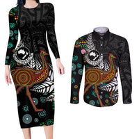 New Zealand Fern and Australia Emu Couples Matching Long Sleeve Bodycon Dress and Long Sleeve Button Shirt Aboriginal Mix Maori Pattern