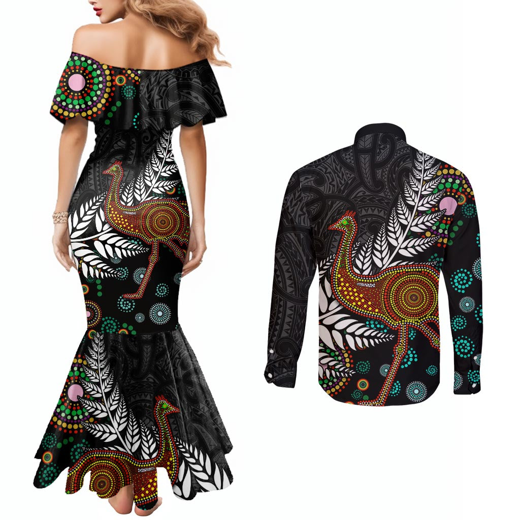 New Zealand Fern and Australia Emu Couples Matching Mermaid Dress and Long Sleeve Button Shirt Aboriginal Mix Maori Pattern