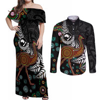 New Zealand Fern and Australia Emu Couples Matching Off Shoulder Maxi Dress and Long Sleeve Button Shirt Aboriginal Mix Maori Pattern