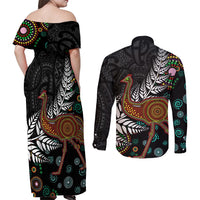 New Zealand Fern and Australia Emu Couples Matching Off Shoulder Maxi Dress and Long Sleeve Button Shirt Aboriginal Mix Maori Pattern