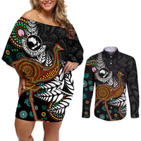 New Zealand Fern and Australia Emu Couples Matching Off Shoulder Short Dress and Long Sleeve Button Shirt Aboriginal Mix Maori Pattern