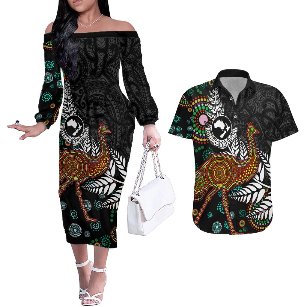 New Zealand Fern and Australia Emu Couples Matching Off The Shoulder Long Sleeve Dress and Hawaiian Shirt Aboriginal Mix Maori Pattern
