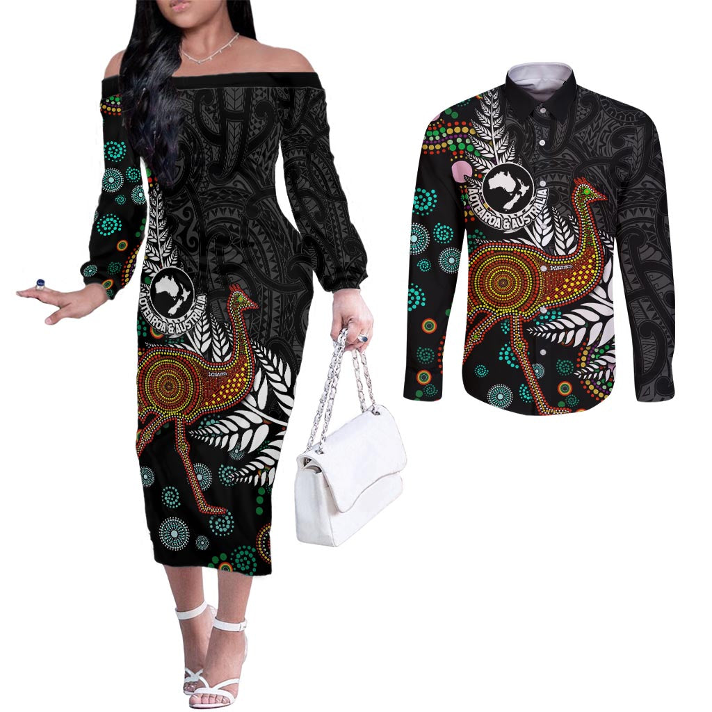 New Zealand Fern and Australia Emu Couples Matching Off The Shoulder Long Sleeve Dress and Long Sleeve Button Shirt Aboriginal Mix Maori Pattern LT03 Blue - Polynesian Pride