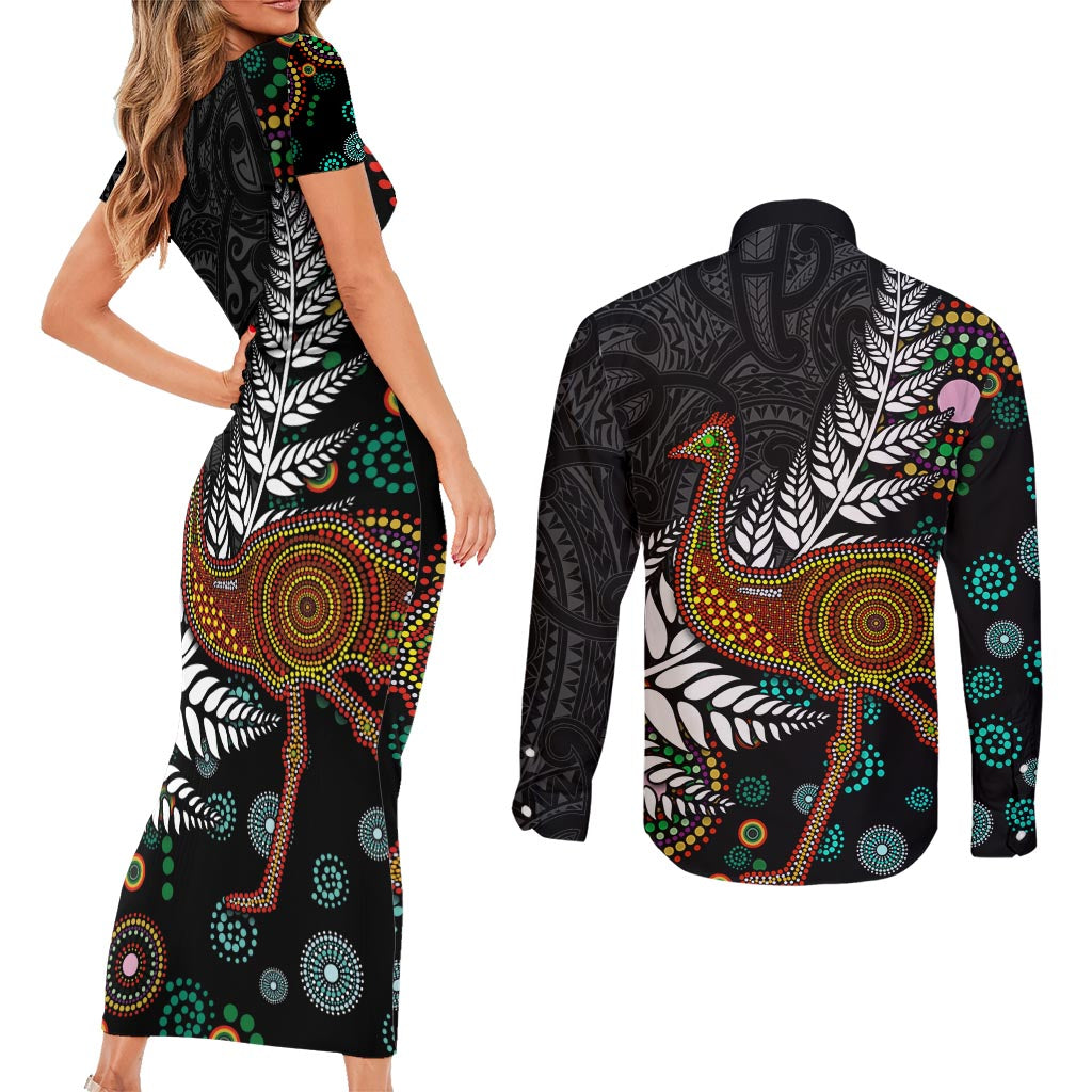 New Zealand Fern and Australia Emu Couples Matching Short Sleeve Bodycon Dress and Long Sleeve Button Shirt Aboriginal Mix Maori Pattern