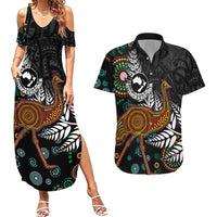 New Zealand Fern and Australia Emu Couples Matching Summer Maxi Dress and Hawaiian Shirt Aboriginal Mix Maori Pattern LT03 Blue - Polynesian Pride
