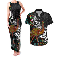 New Zealand Fern and Australia Emu Couples Matching Tank Maxi Dress and Hawaiian Shirt Aboriginal Mix Maori Pattern LT03 Blue - Polynesian Pride