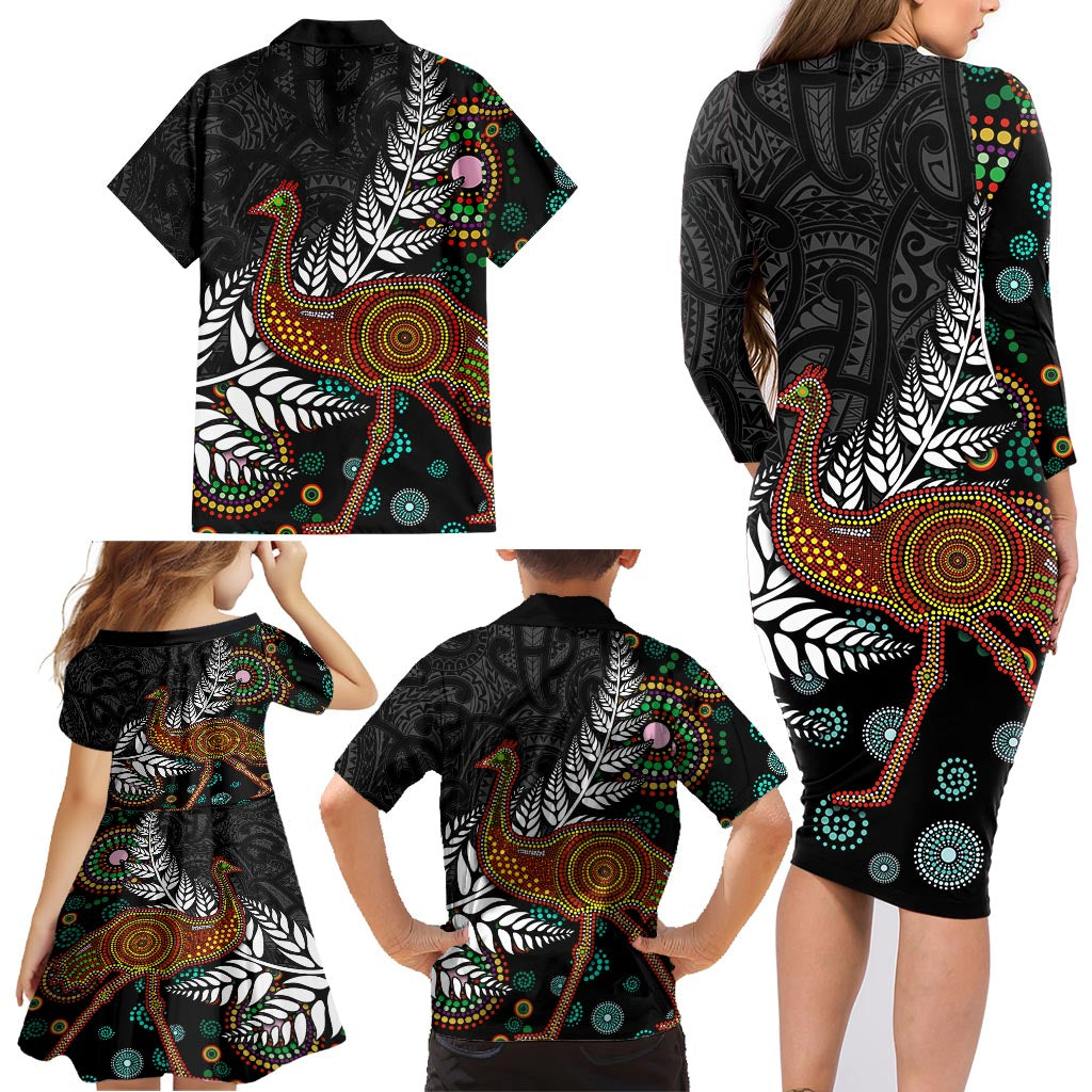 New Zealand Fern and Australia Emu Family Matching Long Sleeve Bodycon Dress and Hawaiian Shirt Aboriginal Mix Maori Pattern