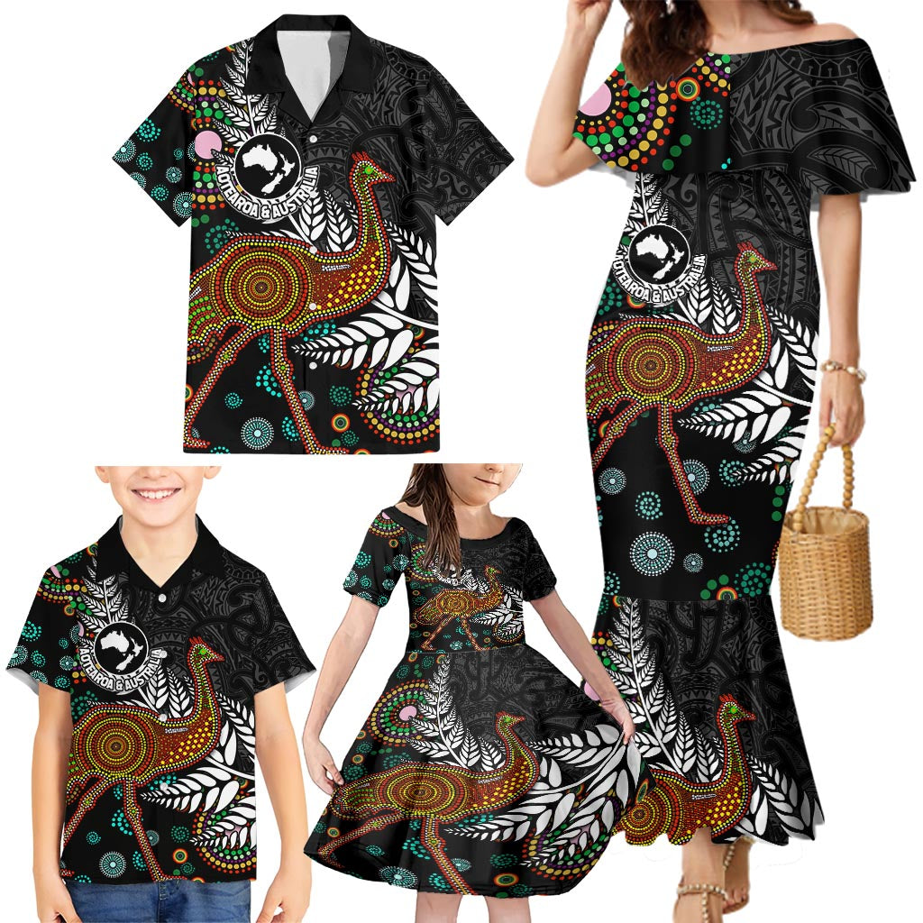 New Zealand Fern and Australia Emu Family Matching Mermaid Dress and Hawaiian Shirt Aboriginal Mix Maori Pattern