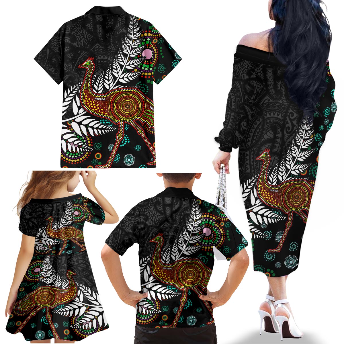 New Zealand Fern and Australia Emu Family Matching Off The Shoulder Long Sleeve Dress and Hawaiian Shirt Aboriginal Mix Maori Pattern