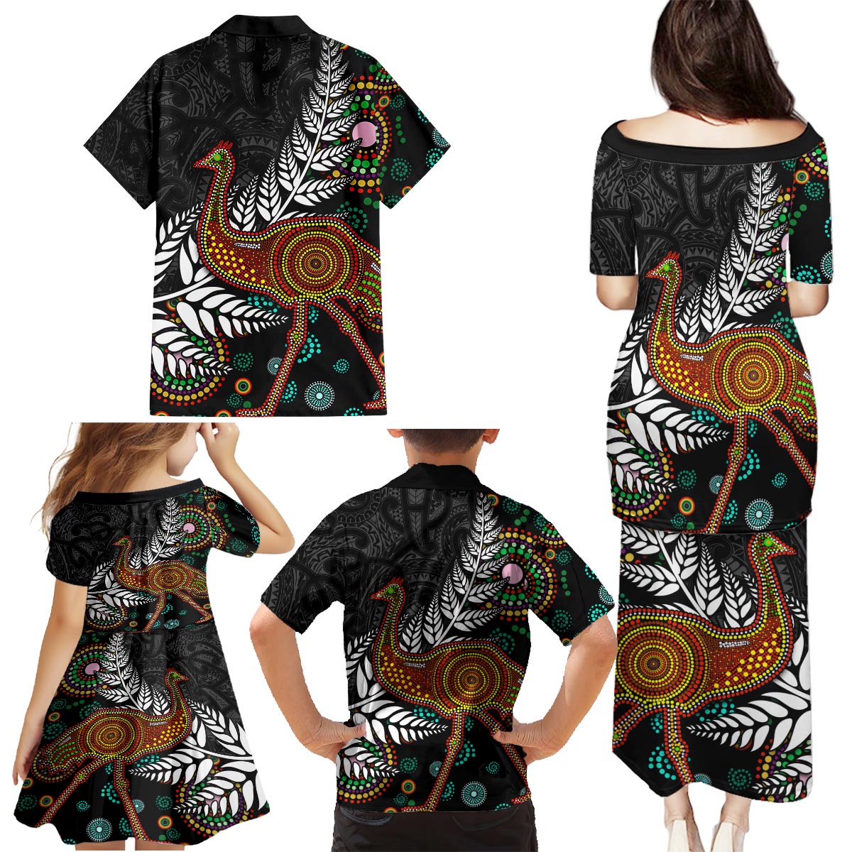 New Zealand Fern and Australia Emu Family Matching Puletasi and Hawaiian Shirt Aboriginal Mix Maori Pattern