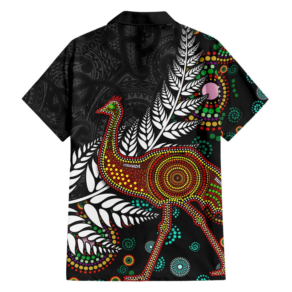 New Zealand Fern and Australia Emu Family Matching Short Sleeve Bodycon Dress and Hawaiian Shirt Aboriginal Mix Maori Pattern
