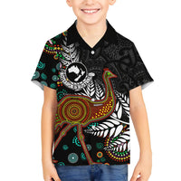 New Zealand Fern and Australia Emu Family Matching Short Sleeve Bodycon Dress and Hawaiian Shirt Aboriginal Mix Maori Pattern