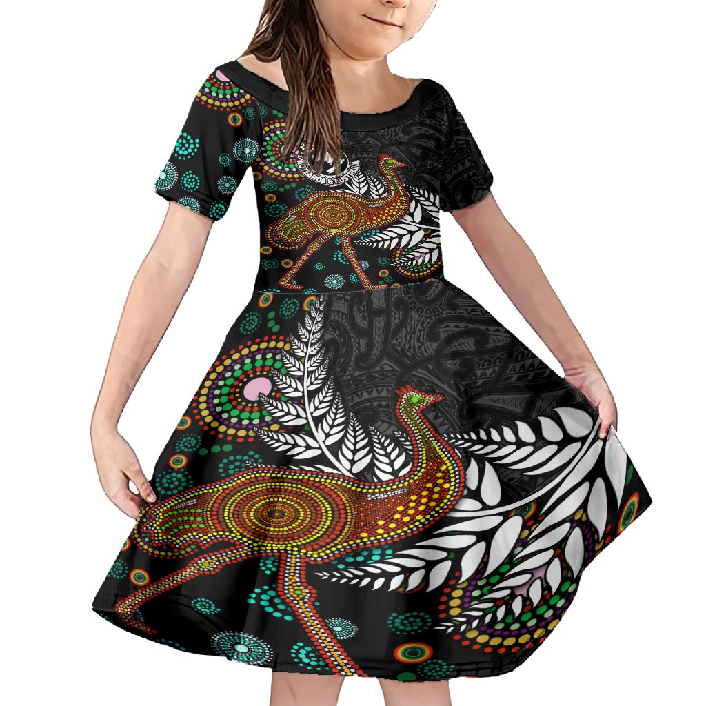New Zealand Fern and Australia Emu Family Matching Tank Maxi Dress and Hawaiian Shirt Aboriginal Mix Maori Pattern LT03 Daughter's Dress Blue - Polynesian Pride
