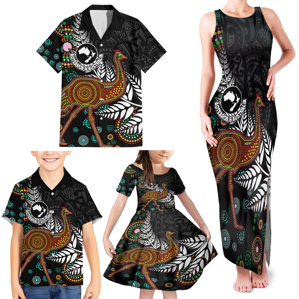 New Zealand Fern and Australia Emu Family Matching Tank Maxi Dress and Hawaiian Shirt Aboriginal Mix Maori Pattern LT03 - Polynesian Pride
