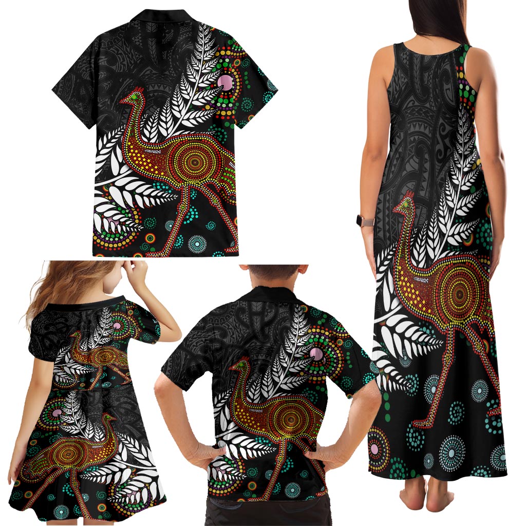 New Zealand Fern and Australia Emu Family Matching Tank Maxi Dress and Hawaiian Shirt Aboriginal Mix Maori Pattern LT03 - Polynesian Pride