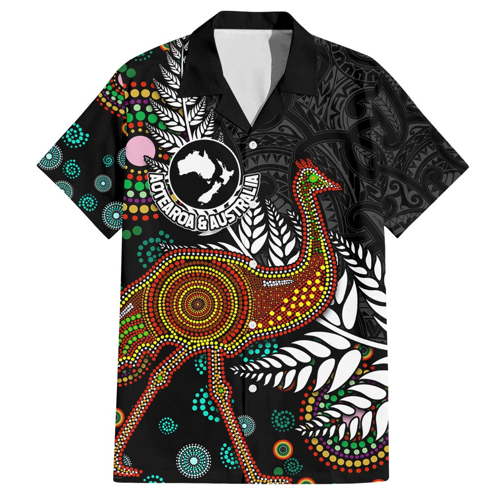 New Zealand Fern and Australia Emu Family Matching Tank Maxi Dress and Hawaiian Shirt Aboriginal Mix Maori Pattern LT03 Dad's Shirt - Short Sleeve Blue - Polynesian Pride