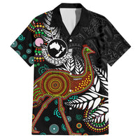 New Zealand Fern and Australia Emu Family Matching Tank Maxi Dress and Hawaiian Shirt Aboriginal Mix Maori Pattern LT03 Dad's Shirt - Short Sleeve Blue - Polynesian Pride