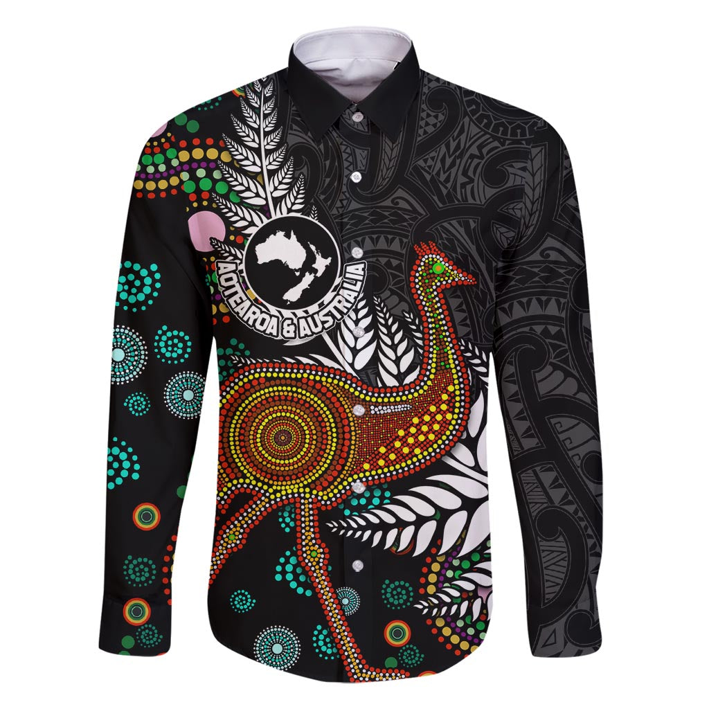 New Zealand Fern and Australia Emu Family Matching Tank Maxi Dress and Hawaiian Shirt Aboriginal Mix Maori Pattern LT03 Dad's Shirt - Long Sleeve Blue - Polynesian Pride