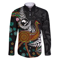 New Zealand Fern and Australia Emu Family Matching Tank Maxi Dress and Hawaiian Shirt Aboriginal Mix Maori Pattern LT03 Dad's Shirt - Long Sleeve Blue - Polynesian Pride