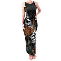 New Zealand Fern and Australia Emu Family Matching Tank Maxi Dress and Hawaiian Shirt Aboriginal Mix Maori Pattern LT03 Mom's Dress Blue - Polynesian Pride