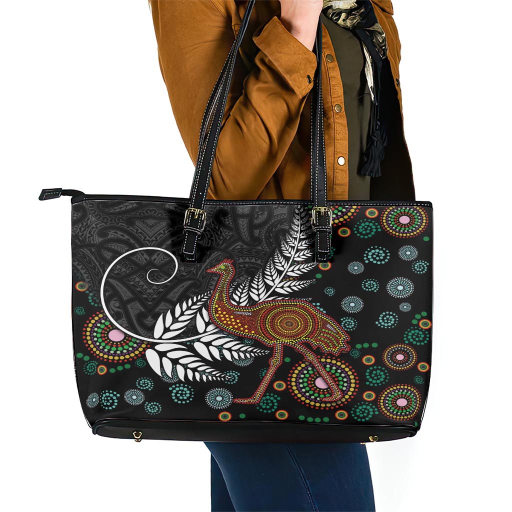 New Zealand Fern and Australia Emu Leather Tote Bag Aboriginal Mix Maori Pattern