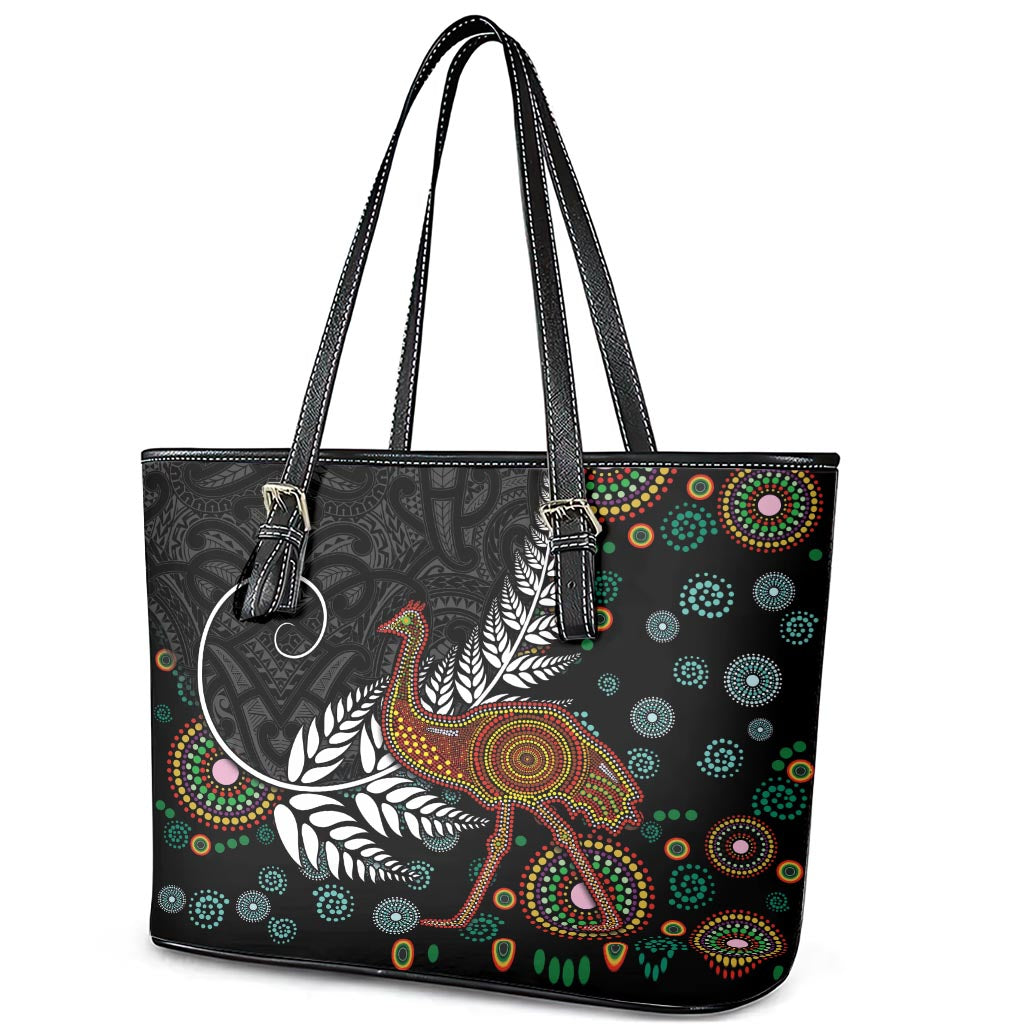 New Zealand Fern and Australia Emu Leather Tote Bag Aboriginal Mix Maori Pattern