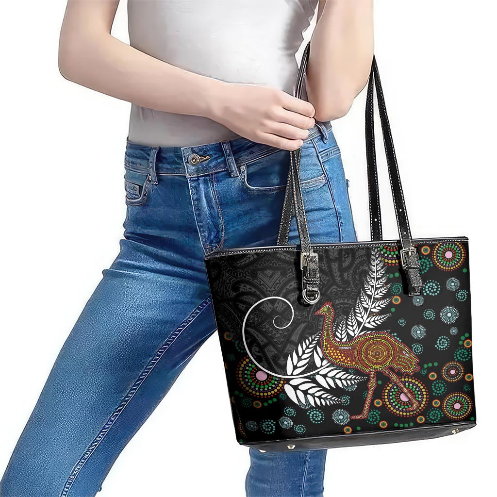 New Zealand Fern and Australia Emu Leather Tote Bag Aboriginal Mix Maori Pattern