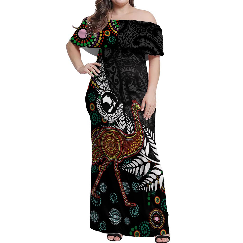 New Zealand Fern and Australia Emu Off Shoulder Maxi Dress Aboriginal Mix Maori Pattern LT03 Women Blue - Polynesian Pride
