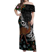 New Zealand Fern and Australia Emu Off Shoulder Maxi Dress Aboriginal Mix Maori Pattern LT03 Women Blue - Polynesian Pride