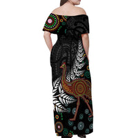 New Zealand Fern and Australia Emu Off Shoulder Maxi Dress Aboriginal Mix Maori Pattern LT03 - Polynesian Pride